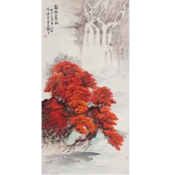 Pure Hand-Painted Vertical Landscape Scroll - Traditional Chinese 'Wealth Accumulation' and 'Abundant Flowing Water' Art for Living Room or Entryway