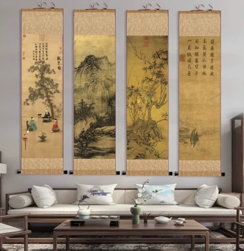 Song Dynasty Landscape Painting 'Listening to the Zither', Scroll Art for Tea House Decoration, Silk Hanging Picture for Office Wall, Gift Calligraphy and Painting