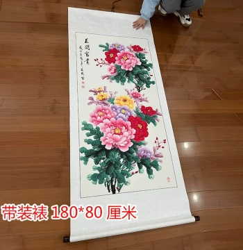 Hand-Painted Chinese Peony 'Blooming Flowers Bring Wealth' Decor, Entrance Hall Mural, New Chinese Corridor and Entryway Hanging Art