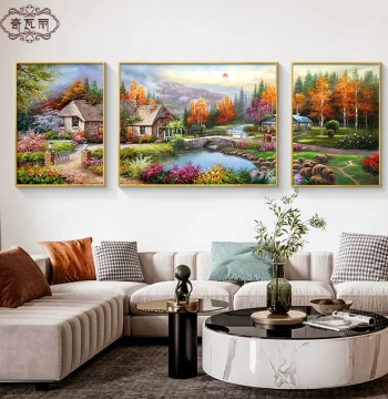 Oil Painting for Living Room, Hand-Painted Landscape Scenery for Sofa Background, High-End Grand New Triptych Wall Art