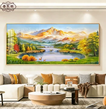 Cornucopia Landscape Painting for Living Room, High-End Sofa Background Wall Decor, Hand-Painted Oil Painting of Golden Mountain Mural