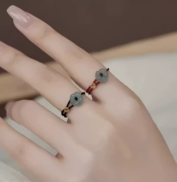 Fabric 'Rich Flower' Unique Flower Coin Braided Rope Ring for Women, Niche High-End Adjustable Red String Band