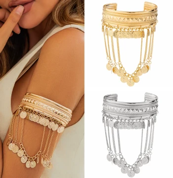 New European and American Hand Jewelry Exotic Dunhuang Style Metal Coin Tassel Open Arm Cuff Bracelet Women's Dance Performance Accessory