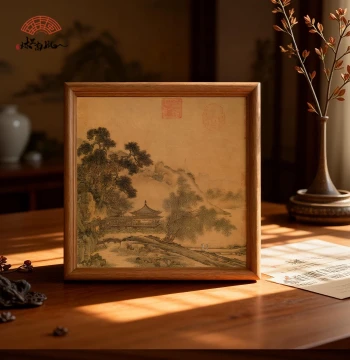 Landscape Painting Solid Wood Ancient Style Tabletop Ornament, Housewarming Gift, Reproduction of Ancient Traditional Painting, Home Zen Decor
