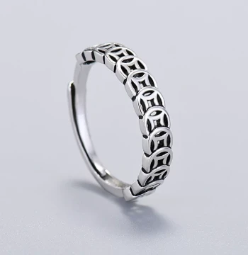 S925 Sterling Silver Wealth-Attracting Retro Ring for Women - Peace and Fortune Coin Design, Minimalist Niche Open Adjustable Band