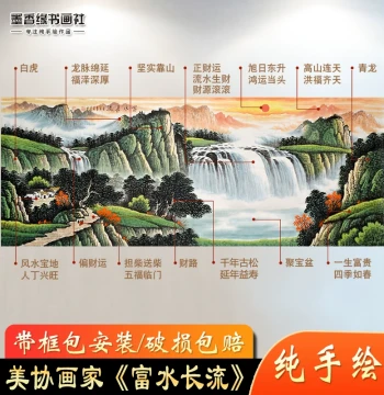 Pure Hand-Painted 'Abundant Water Flows Forever' Wealth Bowl Feng Shui Landscape Painting, Traditional Chinese Art for Living Room and Office