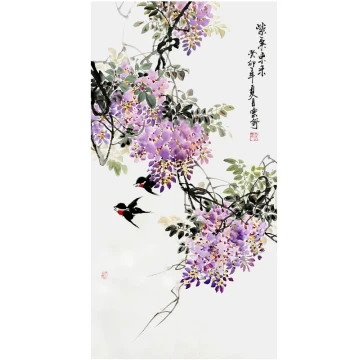 Wisteria Flower Calligraphy and Painting for Entryway, Chinese-Style Purple Energy from the East Decorative Art, Authentic Hand-Painted Chinese Painting for Corridor End Hanging