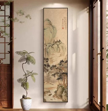Song Dynasty Aesthetic 'Pine Cliff Watching Waterfall' Entryway Decorative Painting, New Chinese Style Vertical Landscape Hanging Art for Living Room, Tea Room, and Hallway