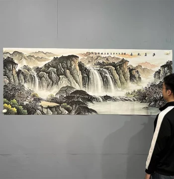 Hand-Painted Chinese Landscape Painting Horizontal Scroll Small Six-Foot 'Endless Flow' Decor for Living Room Sofa Background and TV Wall