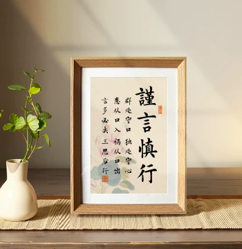 'Speak Cautiously, Act Prudently' Calligraphy Decor - Framed Desktop Display for Workplace Self-Discipline, Warning Sign for Study or Tea Room, New Chinese Style Ornament