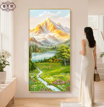 High-End Landscape Painting with Mountain Backdrop for Entryway, Hand-Painted Oil Art for Hallways and Corridors Facing the Front Door