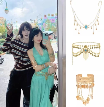 Disney Princess Jasmine Cosplay Necklace, Waist Chain, and Arm Cuffs; Exotic Coin Tassel Accessories for Women's Photo Shoots