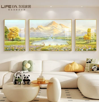Golden Mountain Treasure Bowl Living Room Decor Landscape Hand-Painted Oil Painting Sofa Background Wall Hanging 2026 New Three-Panel Painting