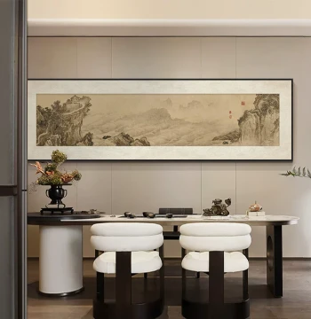 Song Dynasty Aesthetic Living Room Sofa Background Wall Mountain-Backing Decorative Painting, Chinese Style Tea Room Horizontal Zen National Style Landscape Hanging Art