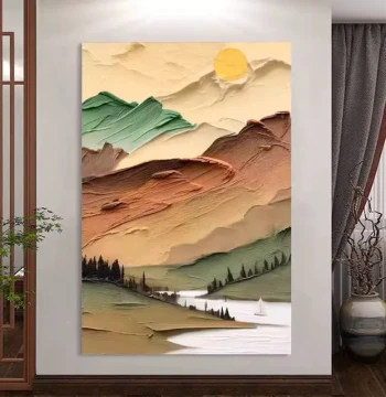 Cream Style Abstract Sunrise Living Room Decor - Hand-Painted Oil Landscape Scenery from Dafen Village for Entryway with Textured Finish