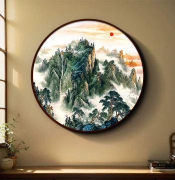 Entryway Landscape Painting 'Sunrise in the East' - Chinese Style Round Decor for Living Room Background, Entrance, or Office