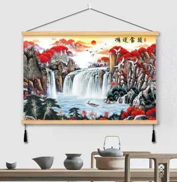 Great Fortune Hanging Painting: Solid Wood Decorative Art for Office and Living Room, Landscape Scenery for Wealth-Attracting Sofa Background Wall