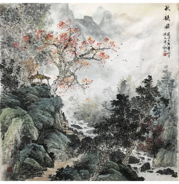 Square Format Pure Hand-Painted Freehand Landscape Painting, Four-Foot Study or Living Room Decor, Elegant Zen Ink Wash Chinese Art Masterpiece