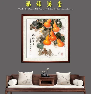Hand-Painted Gourd Painting Symbolizing Fortune and Blessings, Square Format Chinese Bird-and-Flower Art, Entryway Hallway Corridor Dining Room Wall Decor