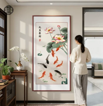 Nine Fish Gathering Wealth Entrance Entryway Decor, New Chinese Pure Hand-Painted Corridor Mural, Lotus Chinese Painting