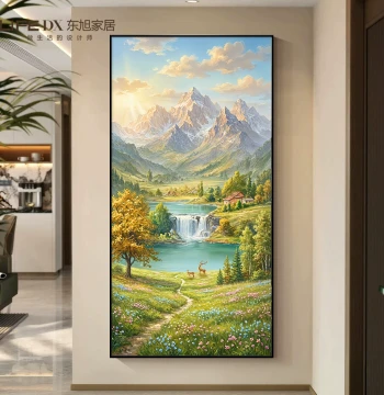 Sunlight on Golden Mountain Entryway Decorative Painting, Hand-Painted Oil Landscape for Corridors Facing East Wall or Front Door