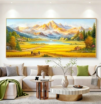 Golden Mountain Harvest Hand-Painted Oil Painting: Living Room Decor, Treasure Bowl Landscape, Sofa Background Wall Art with Premium Feel
