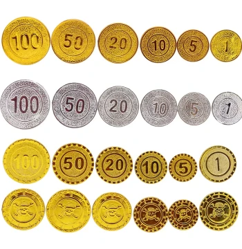 Pirate Gold Coins Play Set - Prop Currency in 1, 5, 10, 20, 50, 100 Denominations for Games and Toys