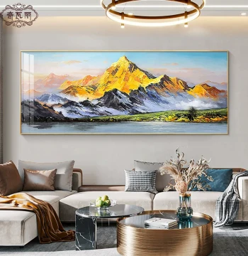 Sunshine on Golden Mountain Living Room Decorative Painting: Hand-Painted Oil Painting for Sofa Background Wall, Landscape Mural Symbolizing Backing and Wealth Accumulation