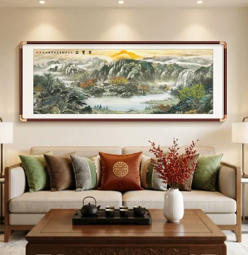 Treasure Bowl Landscape with Backing Mountain, New Chinese Style Living Room Sofa Background Wall Art, West Wall Wealth-Attracting Office Mural