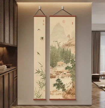 Entryway Hall Decorative Painting, New Chinese Style Landscape Wall Art, Song Dynasty Aesthetic for Office and Tea Room – Diptych Mural
