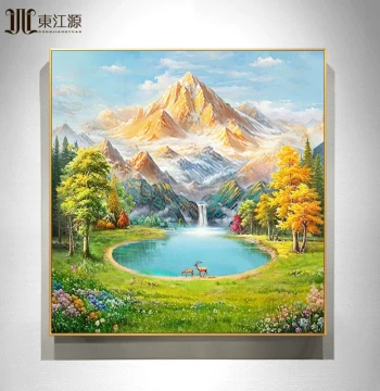 Hand-Painted Oil Painting for Entryway Decor: European & American Light Luxury Landscape, Square Scenery with Golden Mountain and Treasure Bowl from Dafen Village