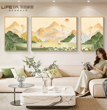 Sunshine on Golden Mountain Living Room Decorative Painting 2026 New Style Sofa Background Wall Hanging Landscape Hand-painted Oil Painting Triptych Mural