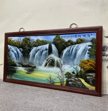 Red Wood Inlaid Porcelain Panel Painting Famille Rose Landscape