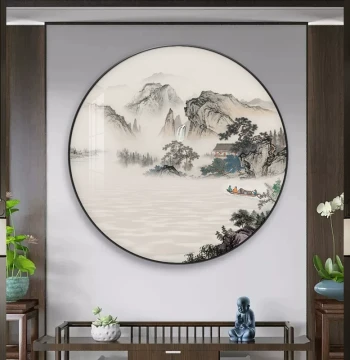 New Chinese Style Round Decorative Painting, Living Room Entryway Landscape Scenery Ink Wash Art, Zen Tea Room and Office Wall Hanging