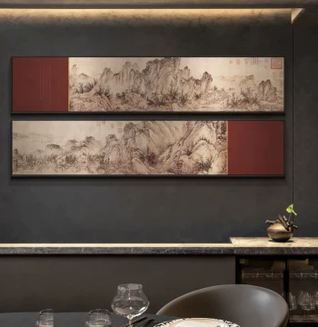 New Chinese Restaurant Scenic Decor, Hotel Long Irregular Multi-Panel Traditional Chinese Painting, Tea Room Landscape Background Wall Art