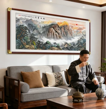 'Sun Rising in the East' Hanging Painting: Living Room East Wall Landscape Art with Mountain Backing; New Chinese Style Office Sofa Background Wall Decor