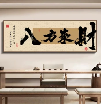 Wealth from All Directions Office Wall Art: Guochao Style Decor for Study and Tea Room, Creative Calligraphy for Living Room Background Wall