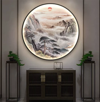 New Chinese Style Entrance Hallway Decorative Painting, Office Study Round Wall Mural with Light, Tea Room Corridor Landscape Hanging Art