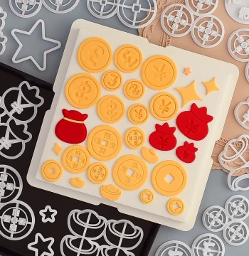 Sugar Castle Forest Wealth-Attracting Congratulatory Copper Coin Cutter Mold, Fondant Ingots, Fortune Bags, and Coin Symbols for Cake Baking Decoration