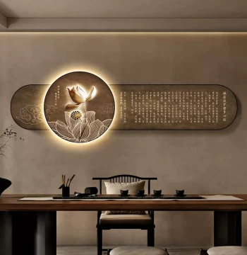 Heart Sutra Calligraphy Hanging Scroll, New Chinese Style Zen Buddhist Decor for Living Room, Tea Room Background with Lotus Motif and Wall Lamp
