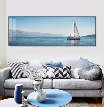 Landscape Painting Featuring Smooth Sailing Sailboat on Ocean, Decorative Wall Art for Bedroom, Office, or Living Room Sofa Background