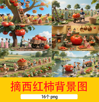 Chinese Style 3D Cartoon Figures in Hanfu Picking and Transporting Tomatoes, Micro-Landscape Background Image