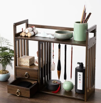 Bamboo Curio Shelf Creative Stationery Storage Rack Brush Hanger Three-Tier Brush Stand Multi-Function Desktop Organizer Minimalist Large Solid Wood Display Rack for Study Desk Decor