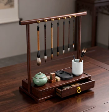 Retro Solid Wood Brush Rack Calligraphy Supplies Hanging Brush Holder Four Treasures of the Study Storage Rack Study Desktop Decorative Ornament